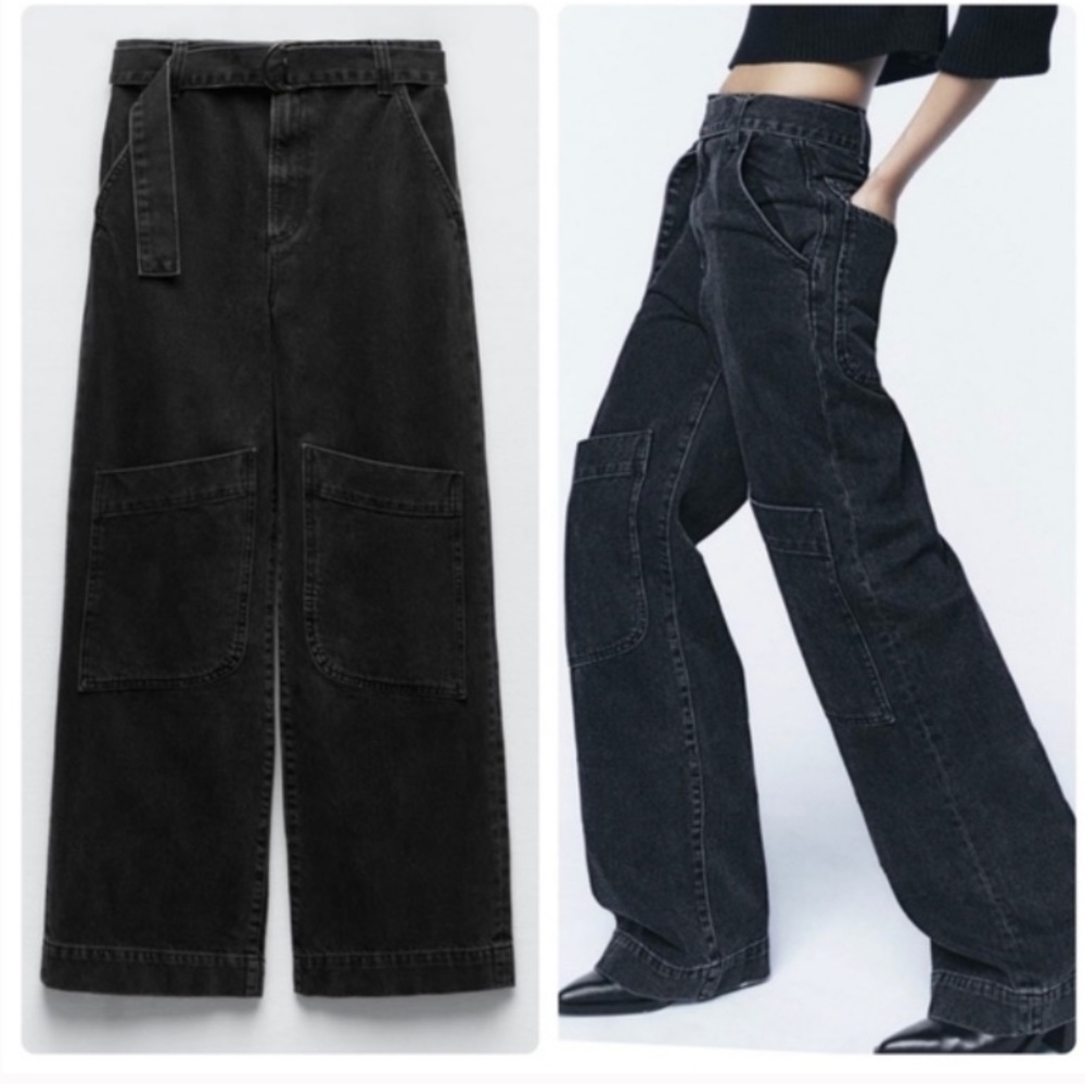 Zara Cargo Utility  Belted Denim Jeans High Rise Wide Gray